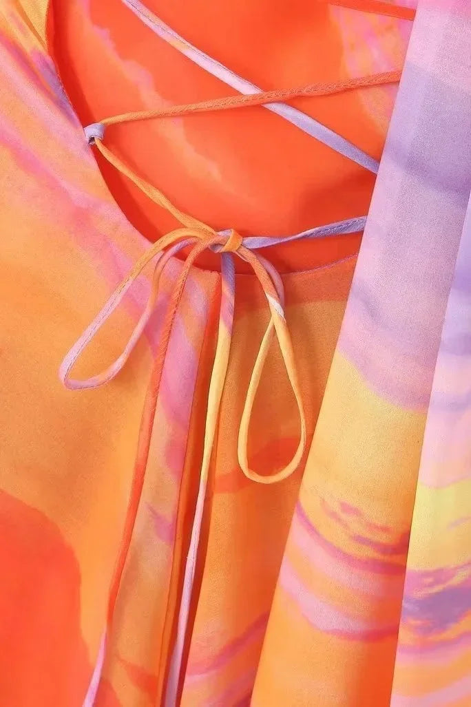 Short Women's Dress In Gradient Orange With Asymmetric Halter Neck