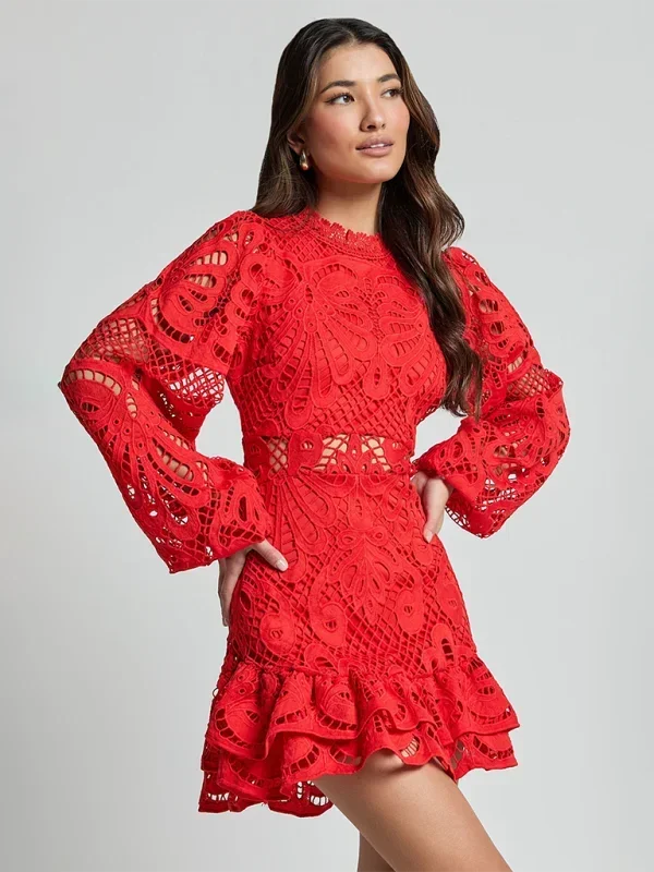 Short Lace Dress Long Sleeve Evening Wear Women's