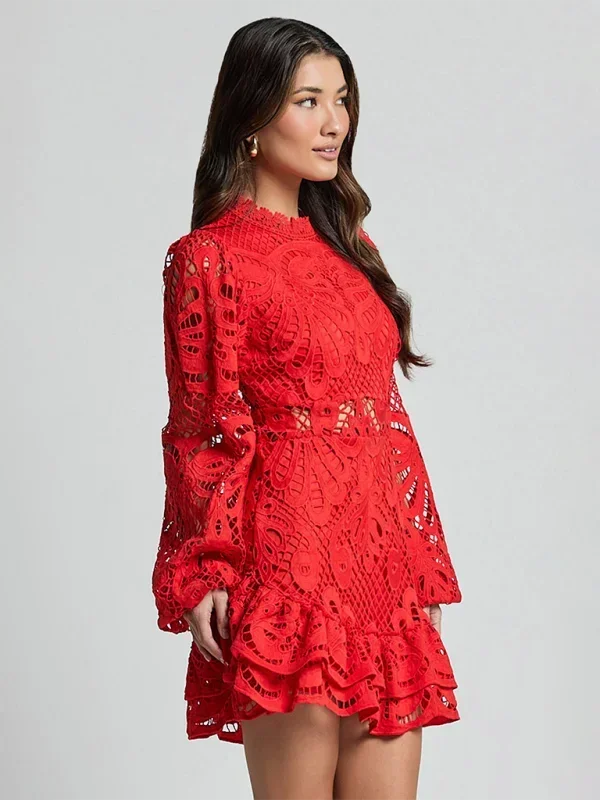 Short Lace Dress Long Sleeve Evening Wear Women's