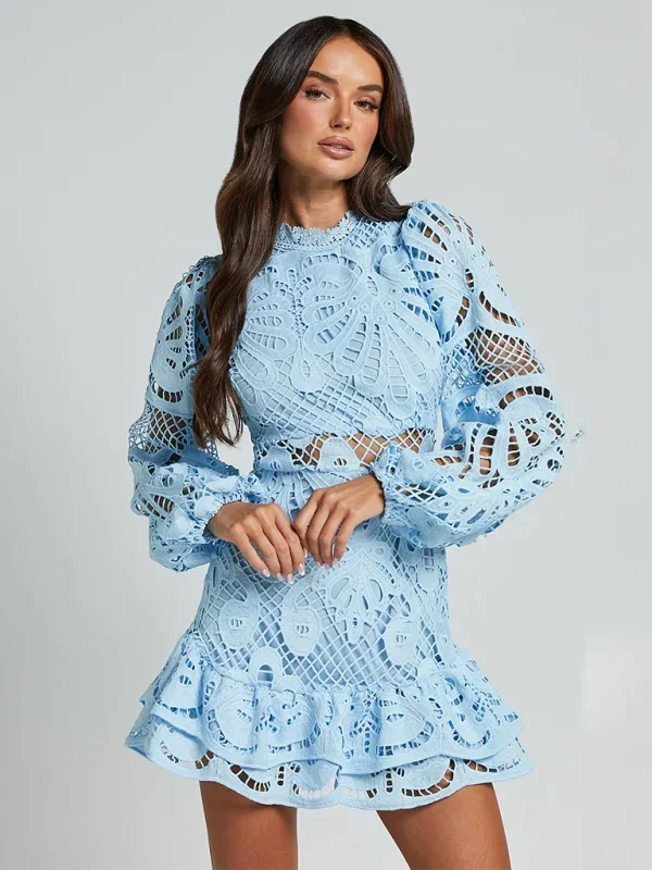Short Lace Dress Long Sleeve Evening Wear Women's