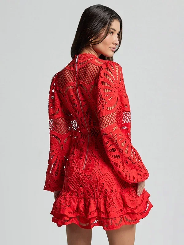 Short Lace Dress Long Sleeve Evening Wear Women's