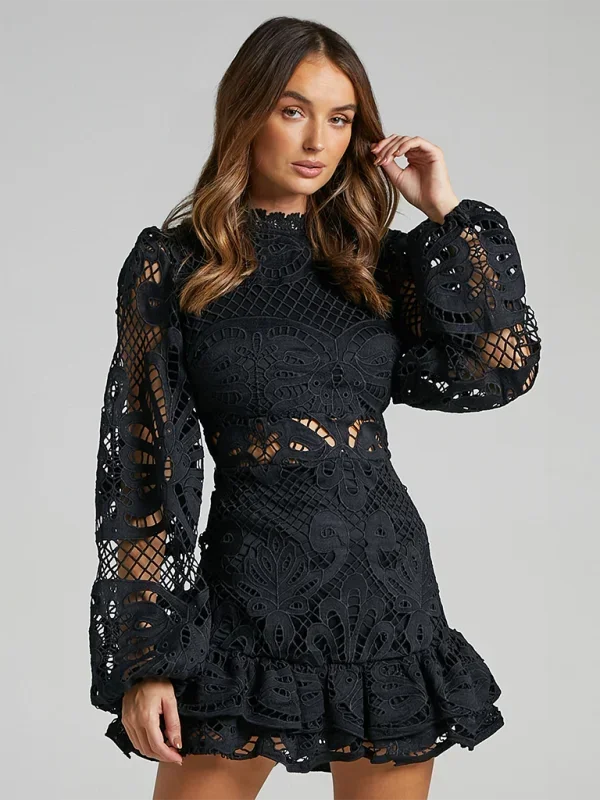 Short Lace Dress Long Sleeve Evening Wear Women's