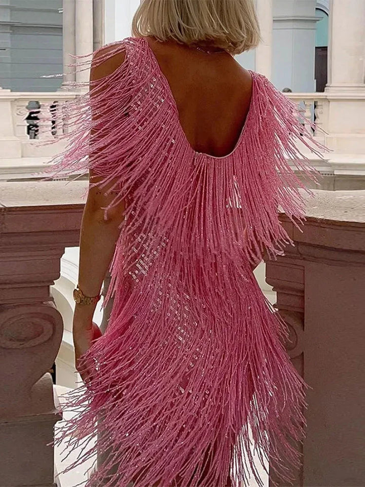 Short Sleeveless Evening Dress with Fringes for Women