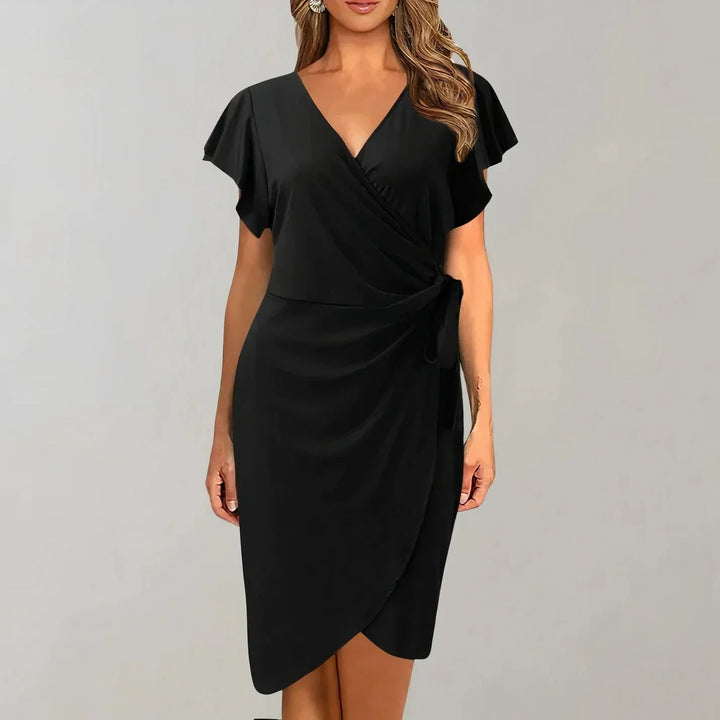 Short Wrap Dress with Short Sleeves and V-Neck with Bow