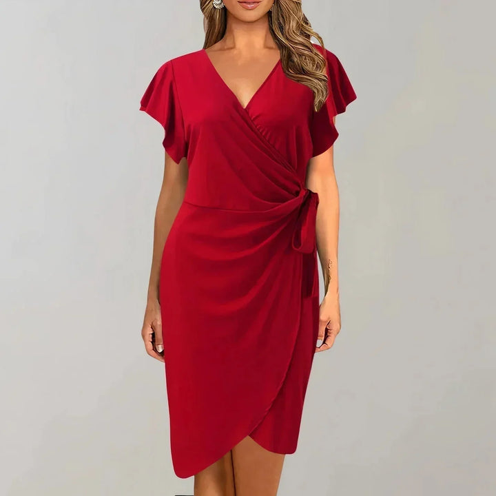 Short Wrap Dress with Short Sleeves and V-Neck with Bow