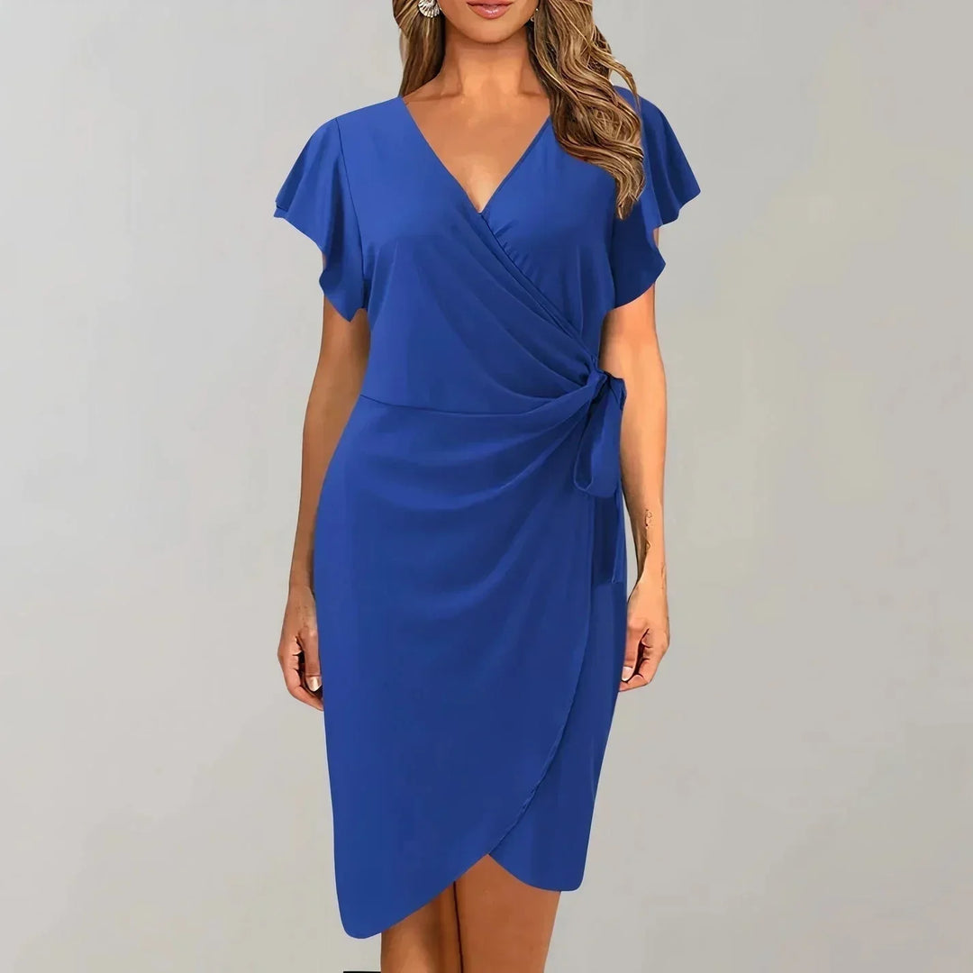 Short Wrap Dress with Short Sleeves and V-Neck with Bow