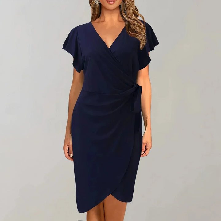 Short Wrap Dress with Short Sleeves and V-Neck with Bow