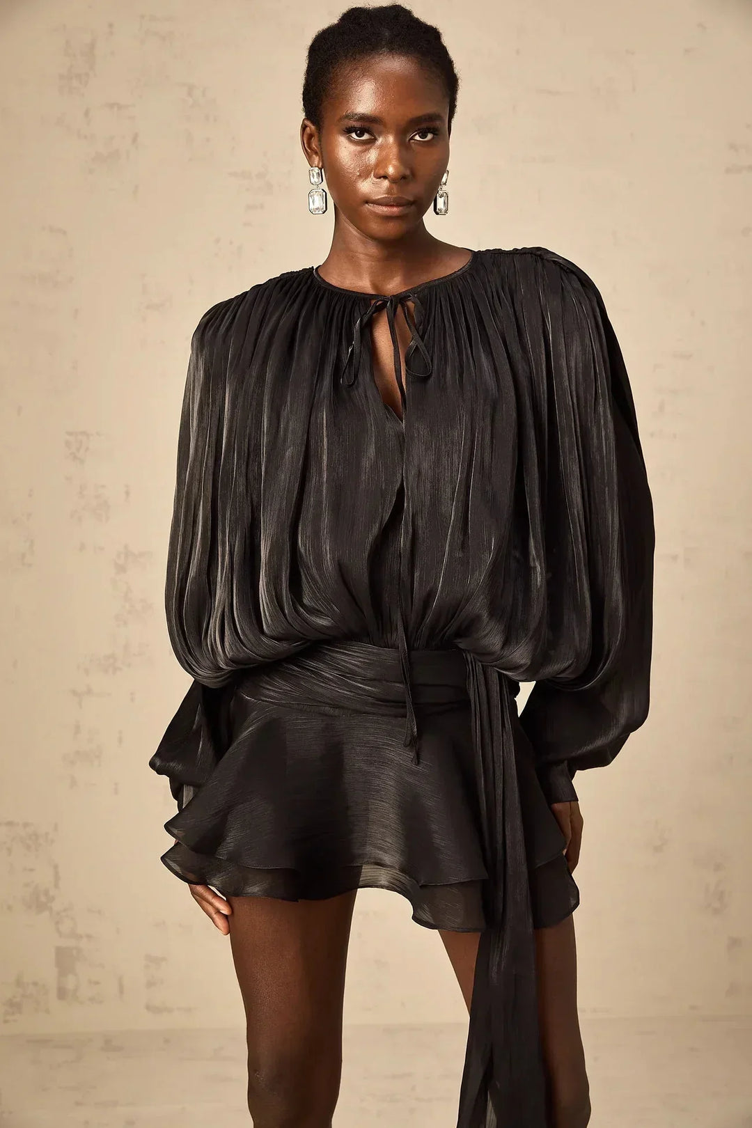 Short Dress with Long Sleeves and Tied Belt for Women