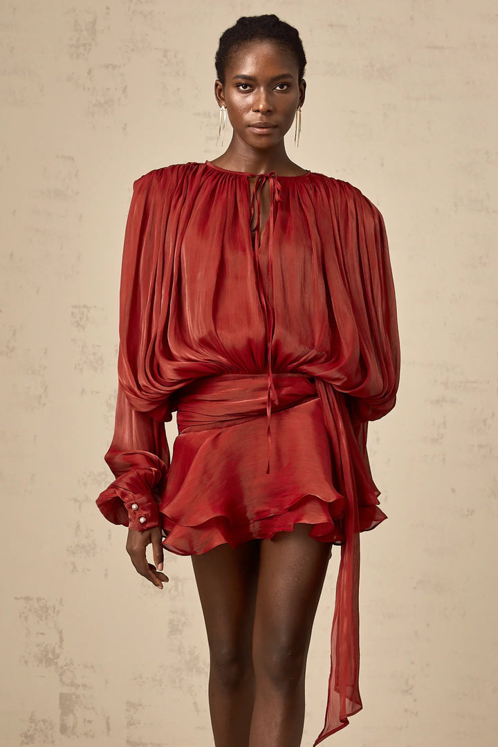 Short Dress with Long Sleeves and Tied Belt for Women
