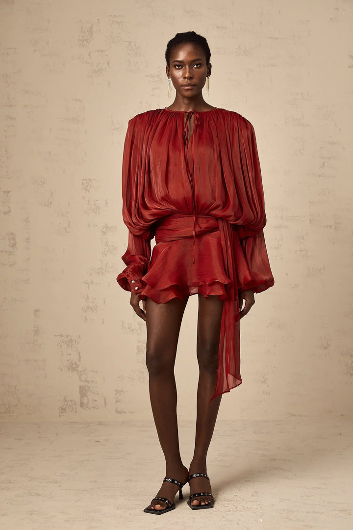 Short Dress with Long Sleeves and Tied Belt for Women