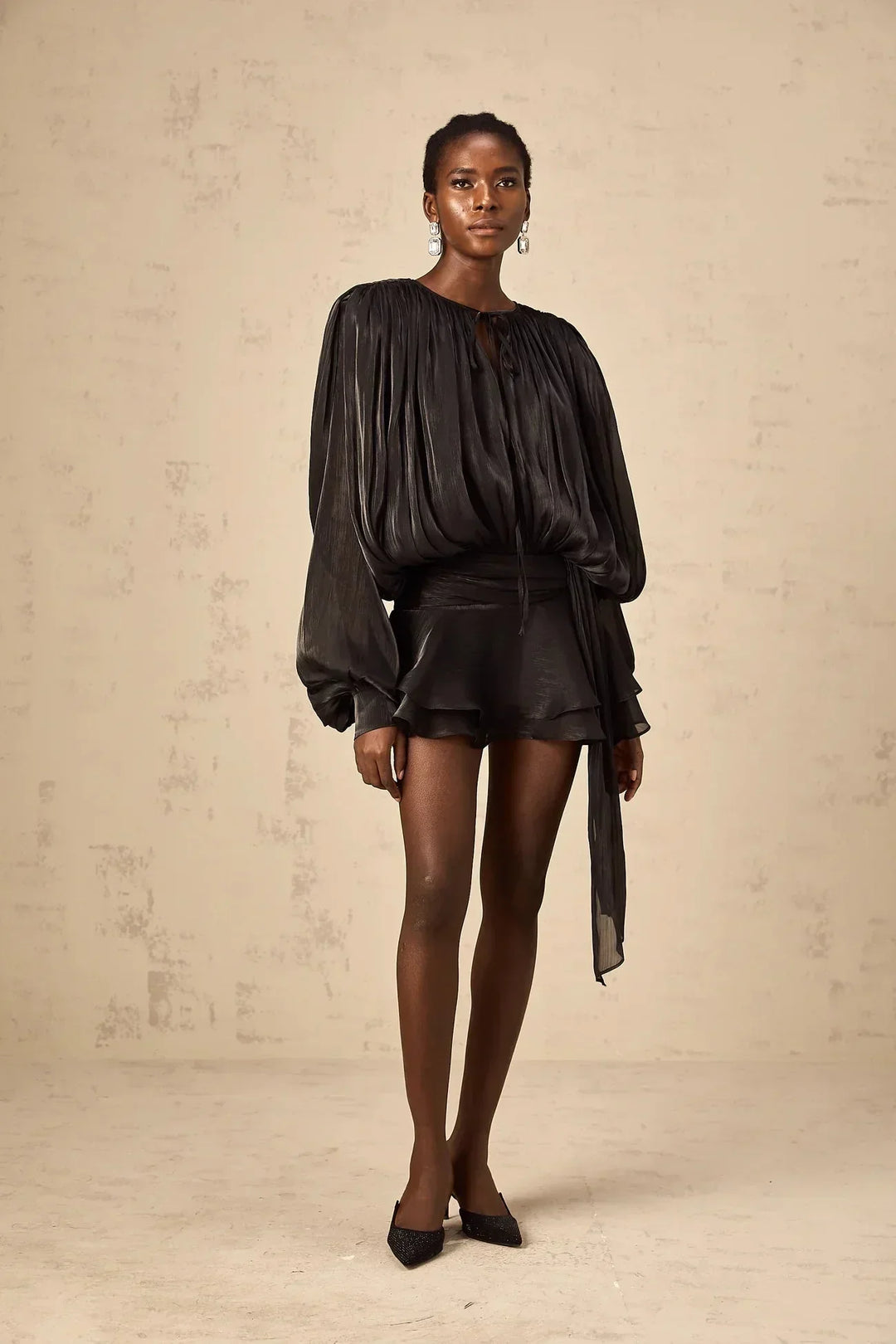 Short Dress with Long Sleeves and Tied Belt for Women