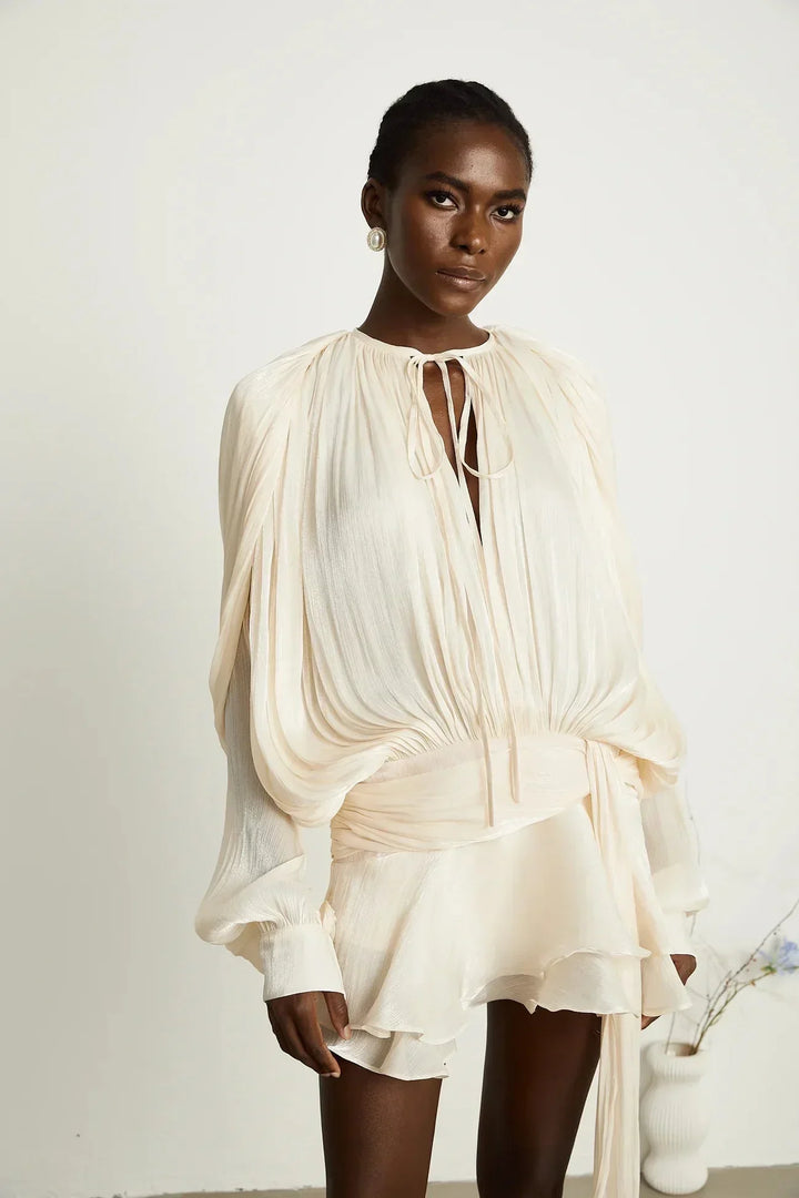 Short Dress with Long Sleeves and Tied Belt for Women