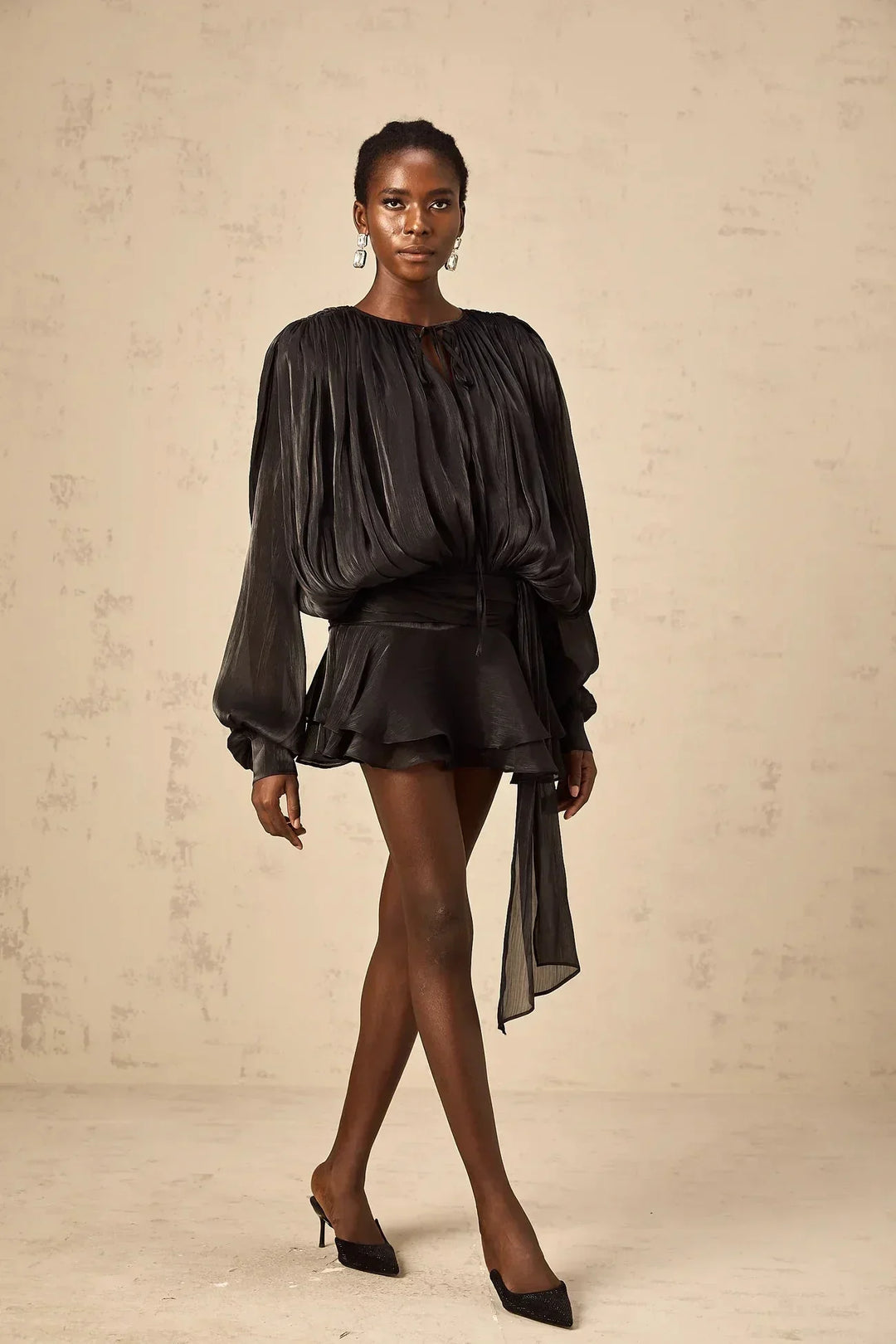 Short Dress with Long Sleeves and Tied Belt for Women