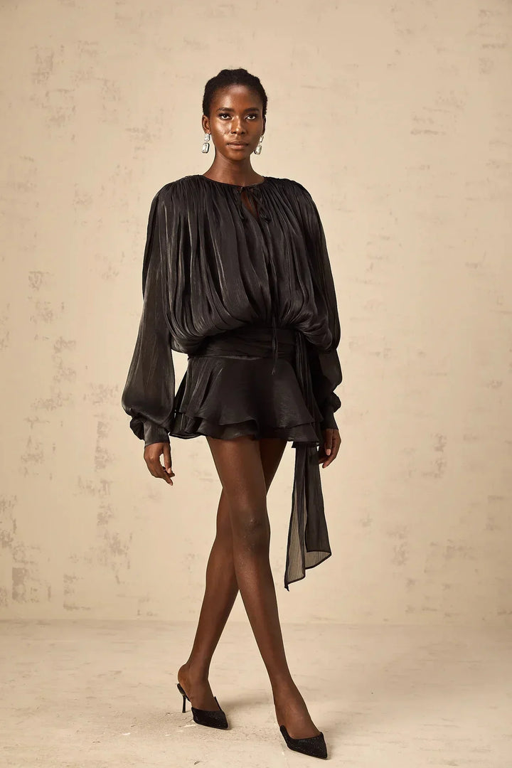 Short Dress with Long Sleeves and Tied Belt for Women