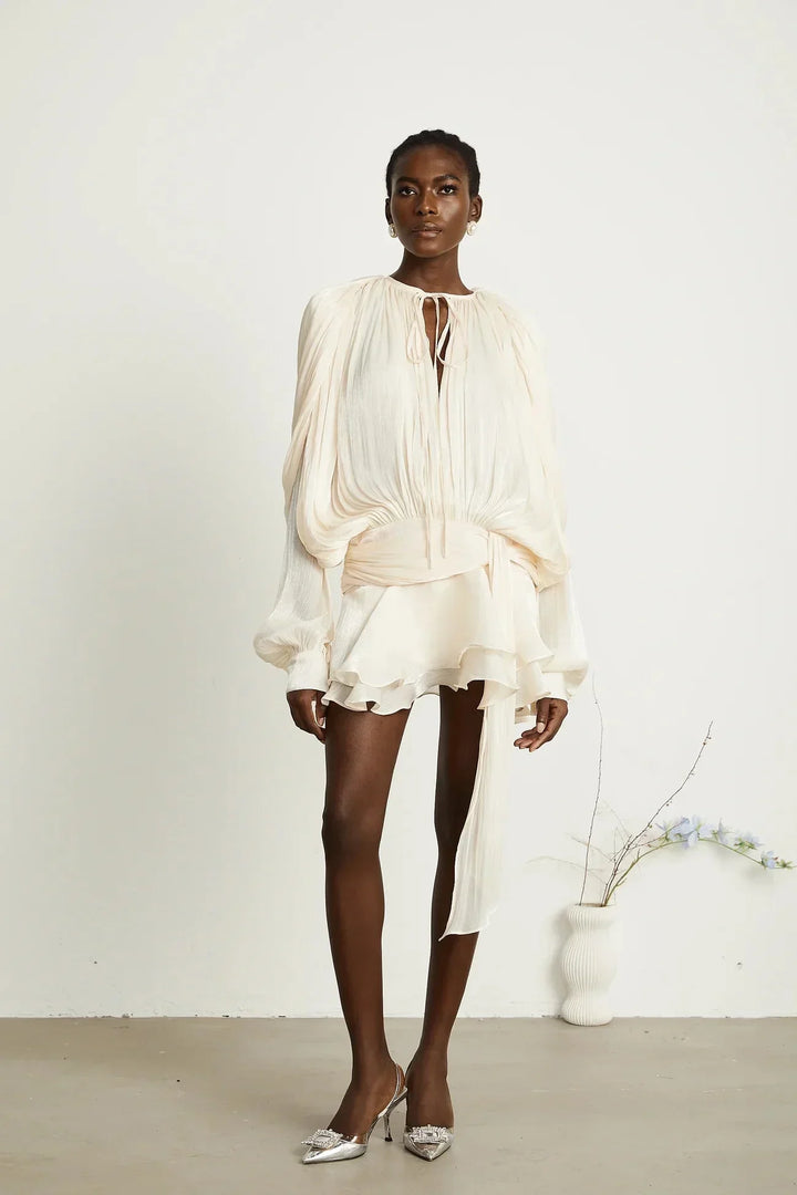 Short Dress with Long Sleeves and Tied Belt for Women
