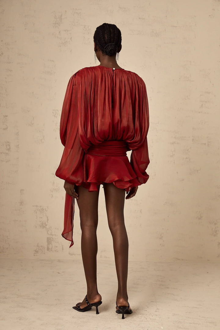 Short Dress with Long Sleeves and Tied Belt for Women