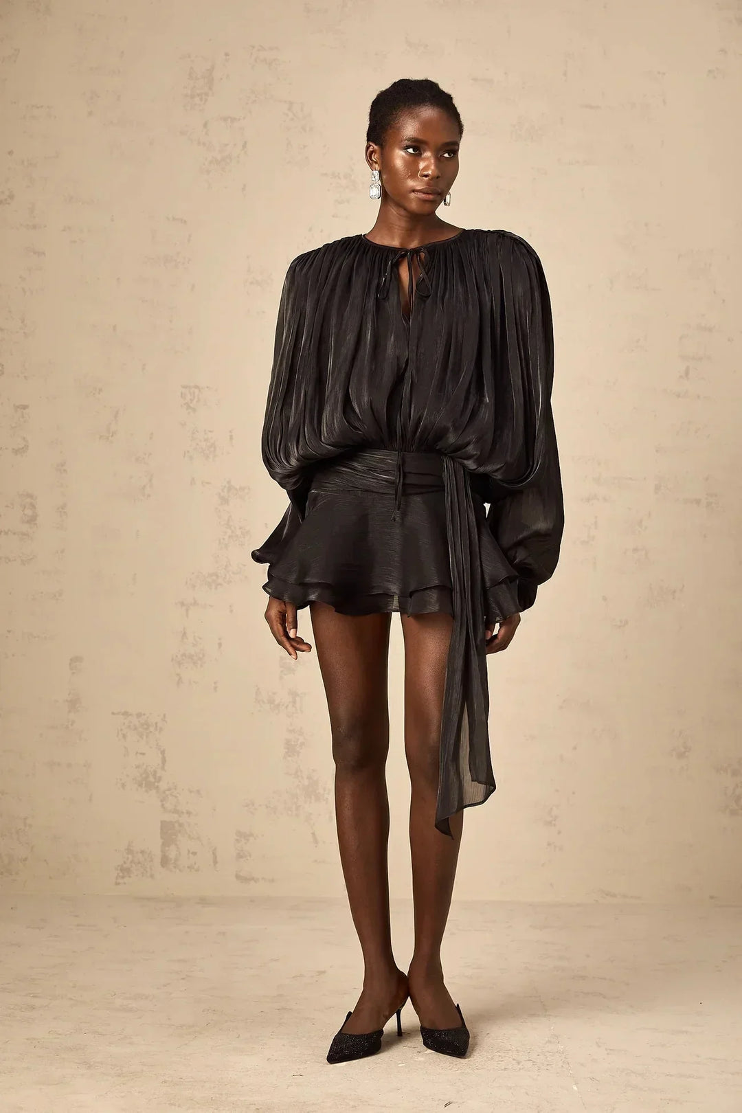 Short Dress with Long Sleeves and Tied Belt for Women