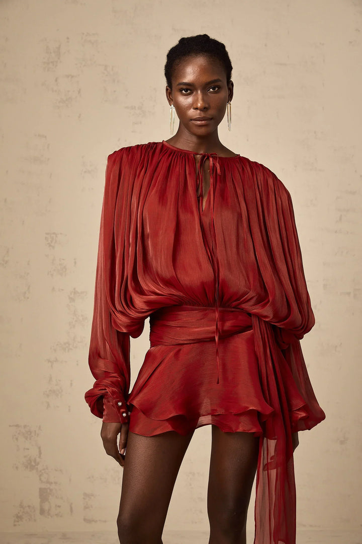 Short Dress with Long Sleeves and Tied Belt for Women