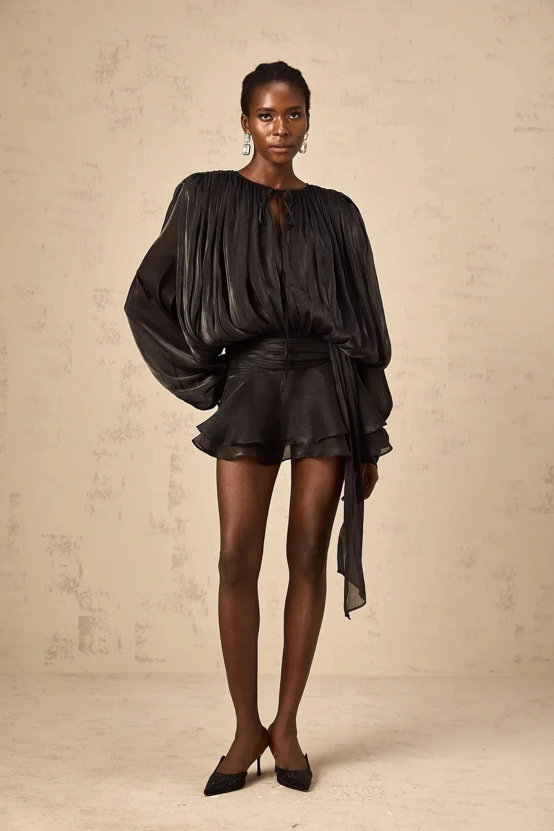 Short Dress with Long Sleeves and Tied Belt for Women