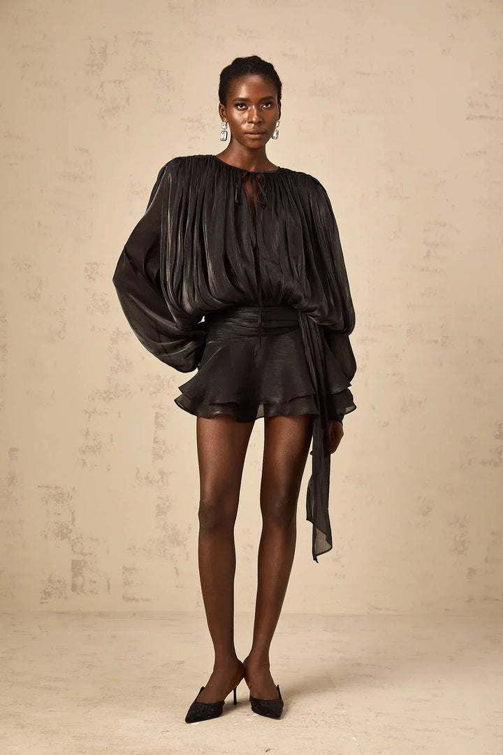 Short Dress with Long Sleeves and Tied Belt for Women