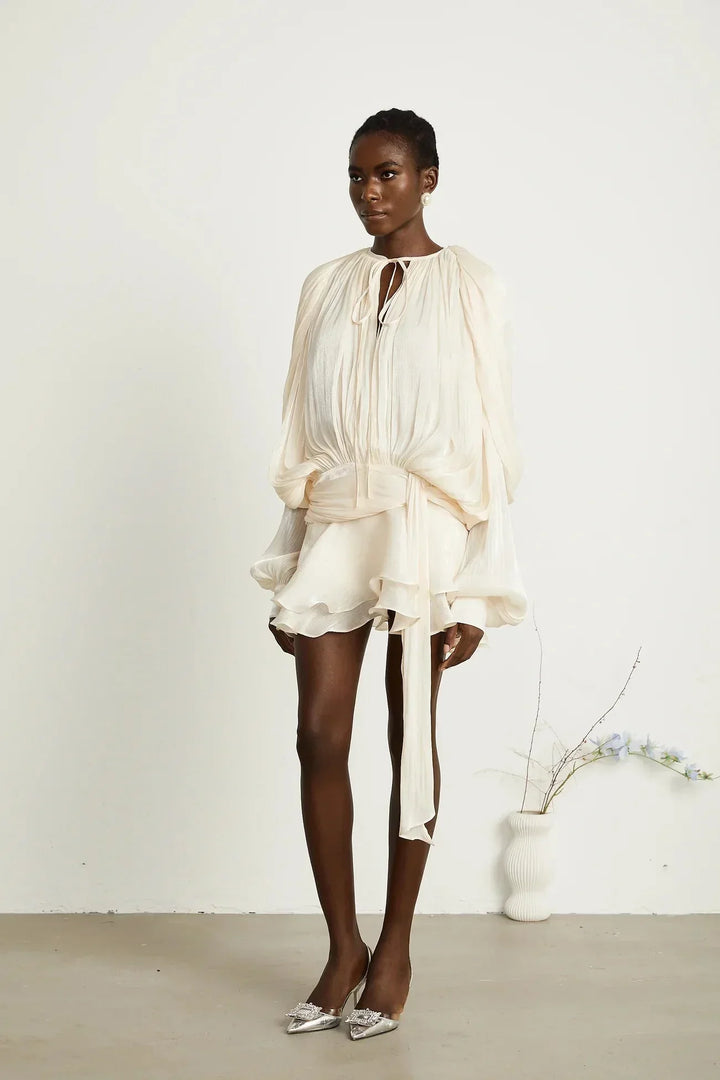 Short Dress with Long Sleeves and Tied Belt for Women
