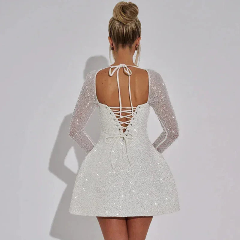 Short Women's Evening Dress with Sparkling Long Sleeves