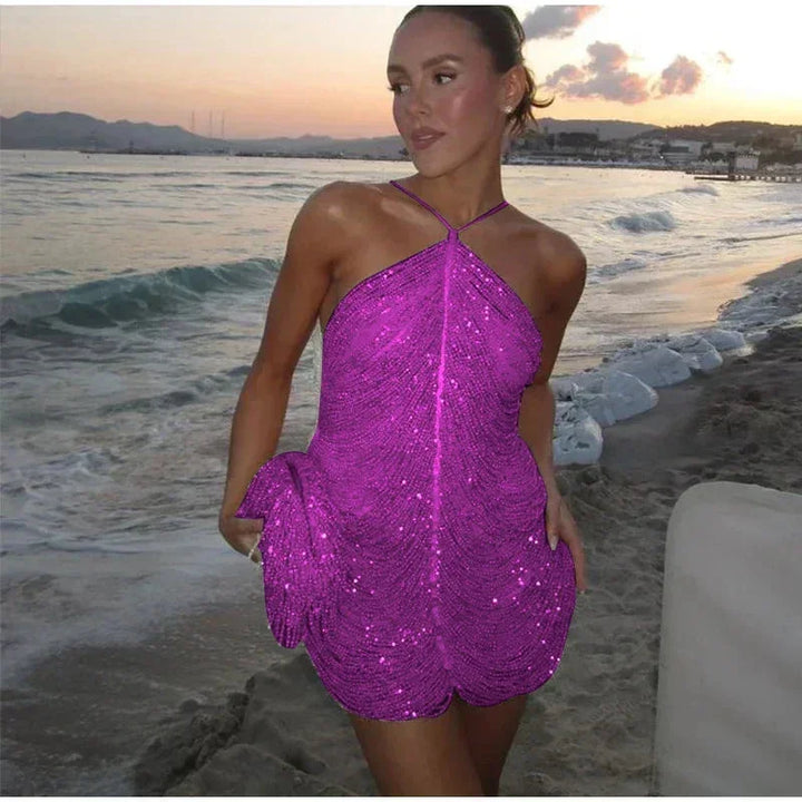 Short women's cocktail dress with sequins and halter neck