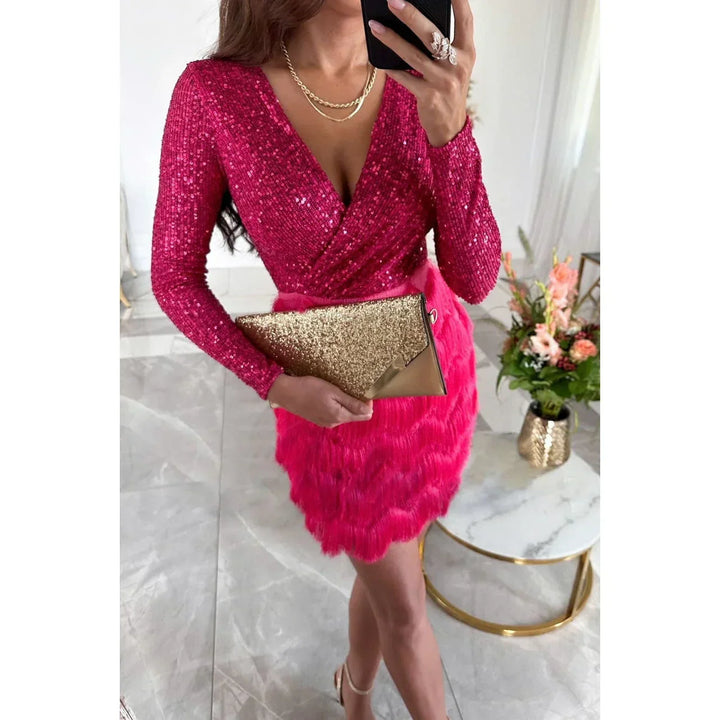 Short Women's Sequin Dress with Long Sleeves Cross Skirt and Feathers