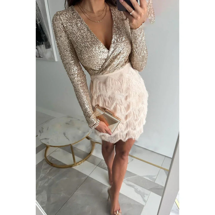 Short Women's Sequin Dress with Long Sleeves Cross Skirt and Feathers
