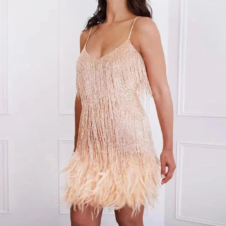 Short evening dress with sequins and feathers, thin straps