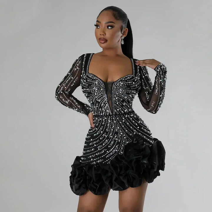 Short Evening Dress with Plunging Neckline and Long Sleeves