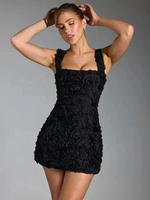 Short Evening Dress with Straps and Floral Texture