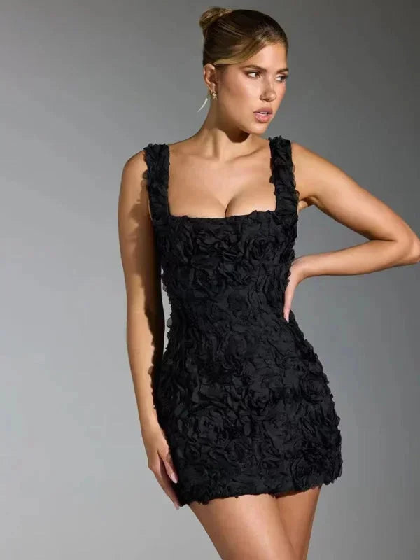 Short Evening Dress with Straps and Floral Texture