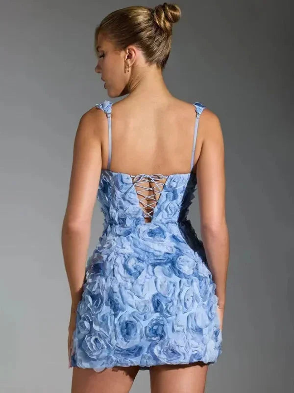 Short Evening Dress with Straps and Floral Texture