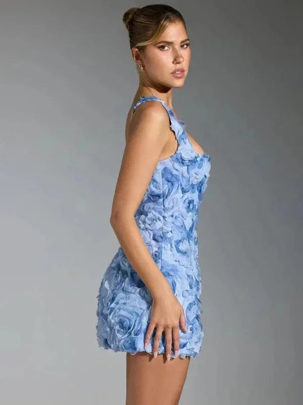 Short Evening Dress with Straps and Floral Texture