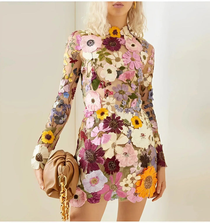 Short Transparent Floral Dress for Women with Long Sleeves for Evenings