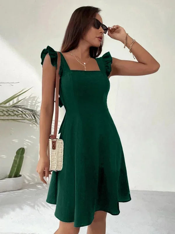 Flared Short Dress with Ruffled Sleeves for Women