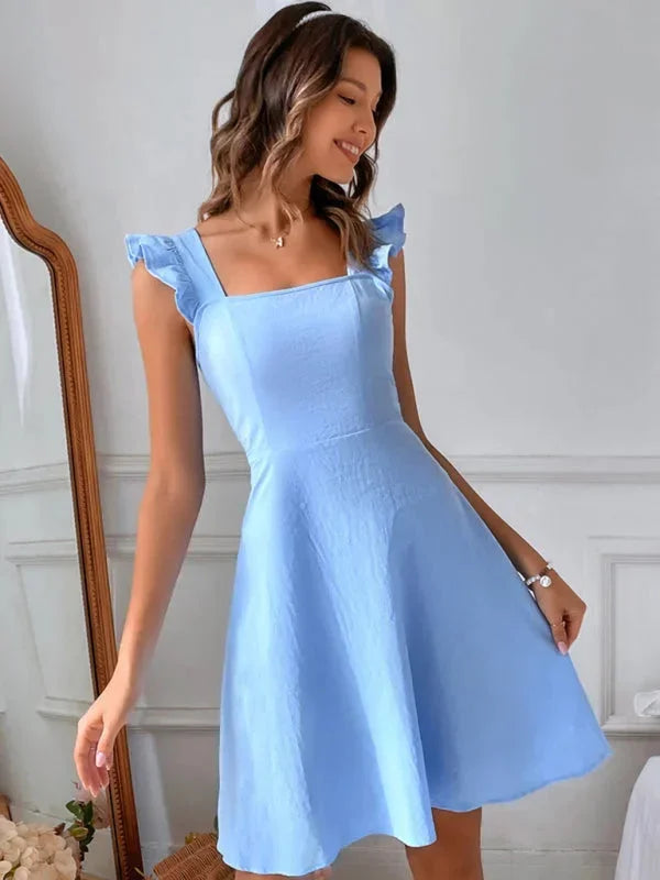 Flared Short Dress with Ruffled Sleeves for Women