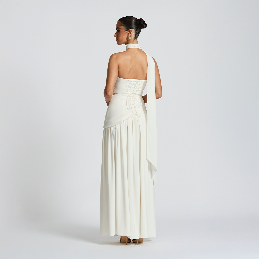 Strapless long dress with asymmetric cut and high slit