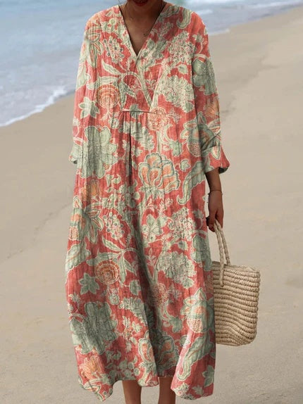 Floral Print Midi Dress with Pockets Women's Vintage Dress
